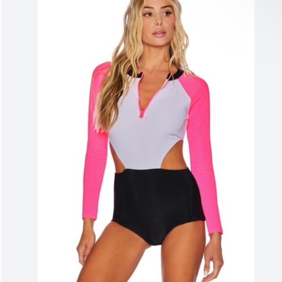Beach Riot Bethany Rash Guard Swimsuit in Black Pink Colorblock size Large - Picture 9 of 14